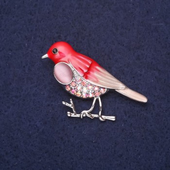 Brooch Bird with Cat's Eye Stone, Crystals, Enamel, Red-Pink Chameleon, 44x27mm, Silver-Colored Metal