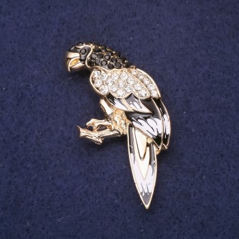 Parrot Brooch with enamel and crystals, black and white, 51x25 mm, gold-tone metal
