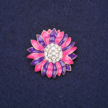 Brooch Flower with rhinestones enamel raspberry and violet color 29 mm gold-tone metal