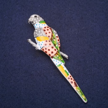 Parrot Brooch with Enamel and Crystals - White, Blue, Green, Pink - 90×25 mm - Silver-tone Metal