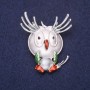 Owl Brooch 'Good Morning' enamel and crystals, color gray, white, brown, and green, 47×38 mm, silver-colored metal