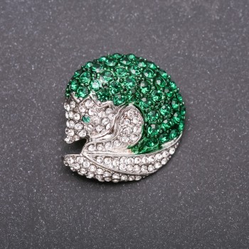 Nosukha Brooch in Green and White Rhinestones on White Metal 33x35 mm