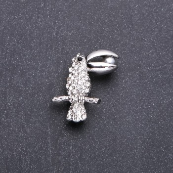Toucan Bird Brooch with White Crystals 32x20 mm White Metal
