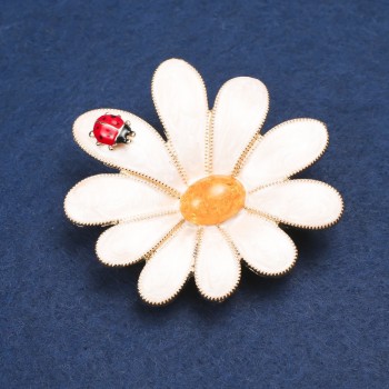 Brooch Daisy Amber (Artificial) Golden Metal and Enamel 50x54mm +