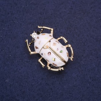 Beetle Brooch with White Enamel and Chalcedony, 33x24 mm, Yellow Metal