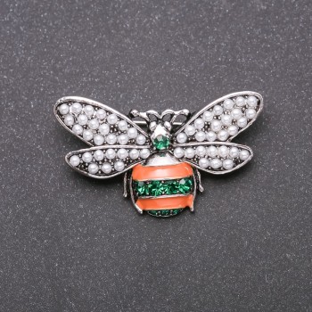 Bee Brooch with Green and Orange Enamel on Gray Metal 40x25mm