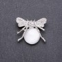 Butterfly Brooch with White Cat's Eye Natural Stone, 35x30 mm, White Metal