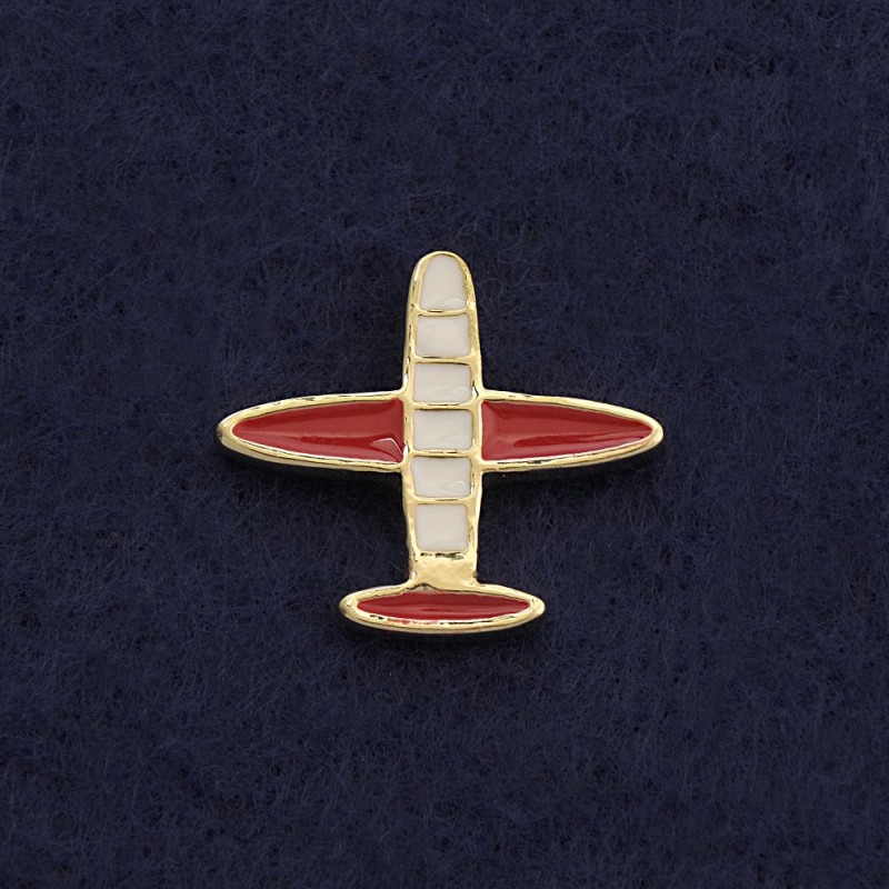 Screw-back brooch 'Plane' 2 cm white-red enamel gold-tone metal