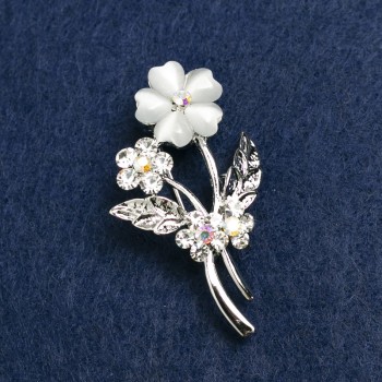 Forget-me-not Brooch with Gray Cat's Eye Stone and Crystals, Silver-Toned Metal 27x44mm