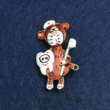 Brooch Bear Dentist gold-tone metal and enamel 50x30 mm +