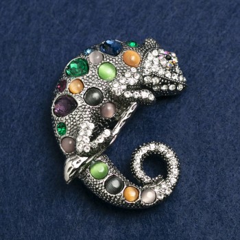 Chameleon Brooch in Silver Metal, Cat's Eye and Rhinestones 52x46 mm +