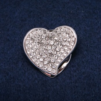 Scarf Brooch: Heart with White Crystals on Silver Metal 33x36mm +