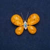 Butterfly Brooch - Golden Metal with Gasoline-Colored Rhinestone and Light Synthetic Amber, 50 x 35 mm +