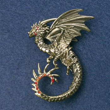 Dragon Brooch in Golden Metal with Red Gasoline Iridescent Crystals 68×54mm +