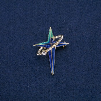Brooch-pendant Star in an Oval Ring, gold-tone metal with white crystals and blue turquoise enamel 45x33 mm +