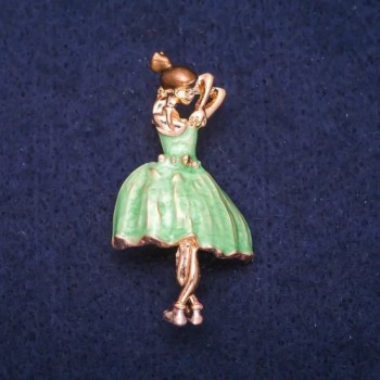 Ballerina Brooch with Green and Brown Enamel, Gold-Tone Metal 24x46 mm
