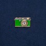 Brooch 'Camera' in gold-toned metal with green enamel and white stones 30×17 mm +
