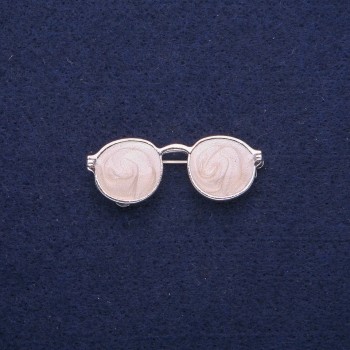 Glasses Brooch with Mother-of-Pearl Enamel, Silver Metal 15x40mm