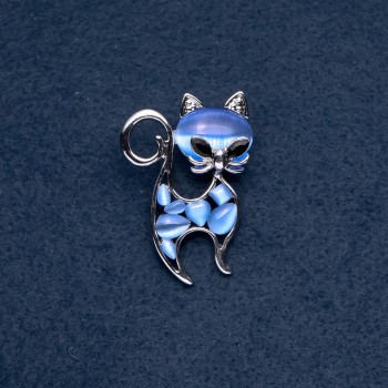 Brooch 'Kitty' Blue Cat's Eye, Silver Metal Color, 30×45 mm