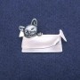 Brooch Pendant Cat in a Bag with Pearl and Gray Enamel, Silver-Tone Metal 33×45mm