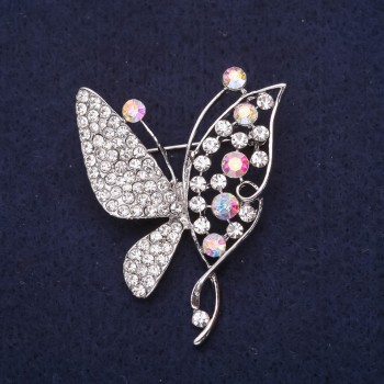 Butterfly Brooch with Rhinestones, White Chameleon Color, 50x38 mm, Silver Metal