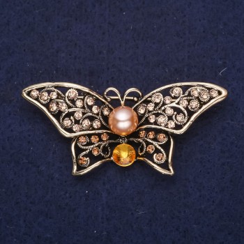 Butterfly Brooch with Yellow Stones and Pearl Beadwork 55x25mm Yellow Metal