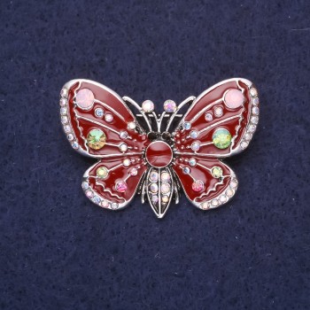 Butterfly Brooch with Chameleon Crystals, Burgundy Enamel, 38x28mm Silver-Toned Metal