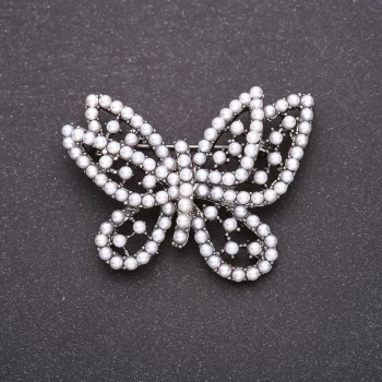 Butterfly Brooch with White Beads 49x39mm Gray Metal