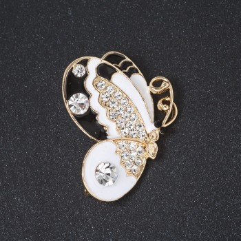 Brooch 'Butterfly' black and white enamel, crystals, metal color 'gold' 3.8 cm
