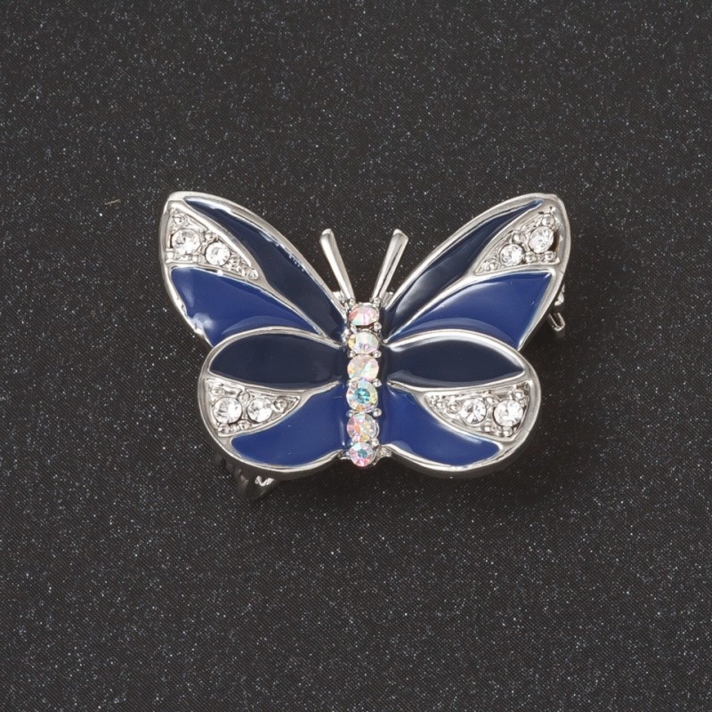 Brooch Butterfly blue enamel white crystals metal color 'silver' 2.7 cm