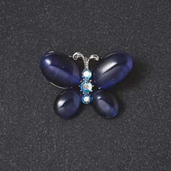 Brooch 'Butterfly' with Blue Cat's Eye Stone, Silver-Colored Metal, 2 cm