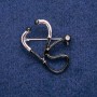 Stethoscope Brooch, White Crystal, Black Enamel, 33x29 mm, Silvery Metal