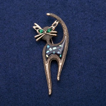 Cat Brooch with enamel, abalone and crystals, 30x73mm, gold-tone metal