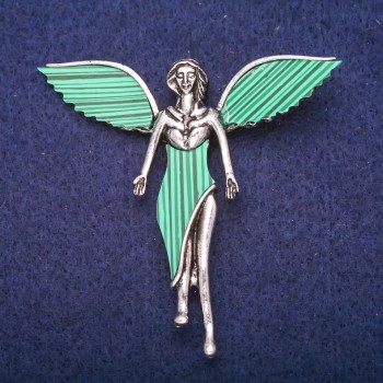 Angel Brooch with Malachite Inlay (Pressed) Silvery Metal 59×60 mm