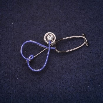 Brooch 'Stethoscope' 25x53 mm enamel with crystals blue and white silver-tone metal