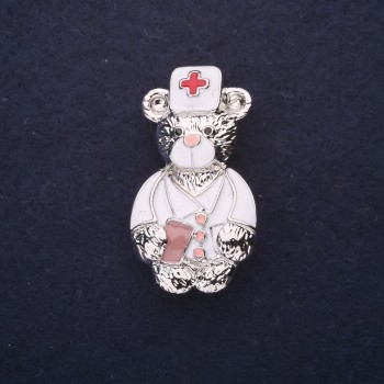 Brooch Doctor Bear enamel white and red 40×22 mm silver-tone metal