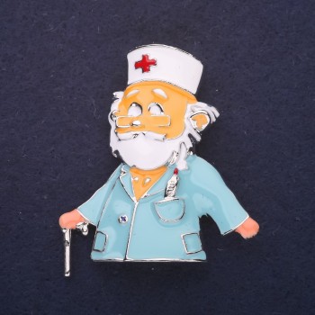 Brooch 'Doctor' enamel white-blue 47×42 mm silver-tone metal