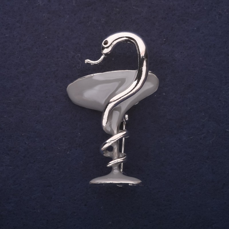 Brooch 'Cup with a Snake', enamel gray color, 44x21 mm, silvery metal
