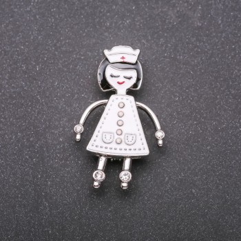 Nurse Brooch with White Enamel, Silver Metal, 42x26 mm