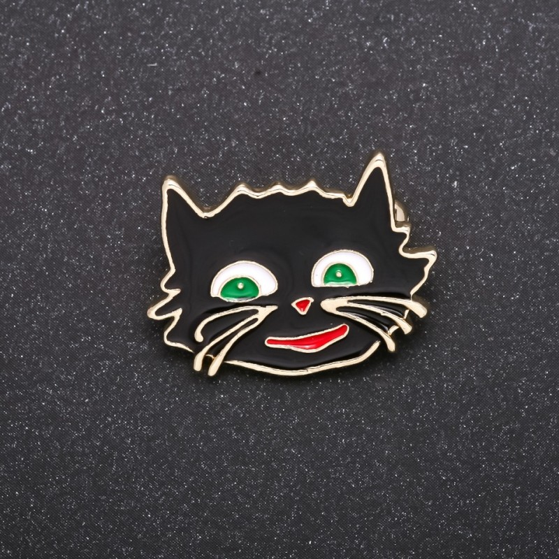 Brooch 'Cheshire Cat' with black enamel and silver-tone metal 27x22mm
