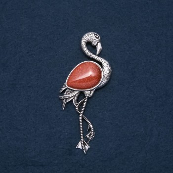 Flamingo Brooch-Pendant with Natural Aventurine Stone 'Golden Sand' 85×30 mm