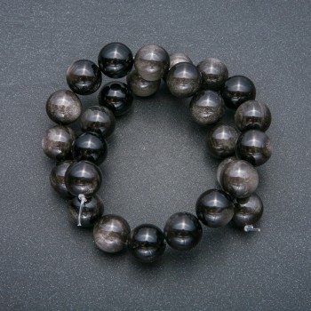 Beads on a thread of natural stone Silver Obsidian — smooth bead, 14 mm diameter, 39 cm length