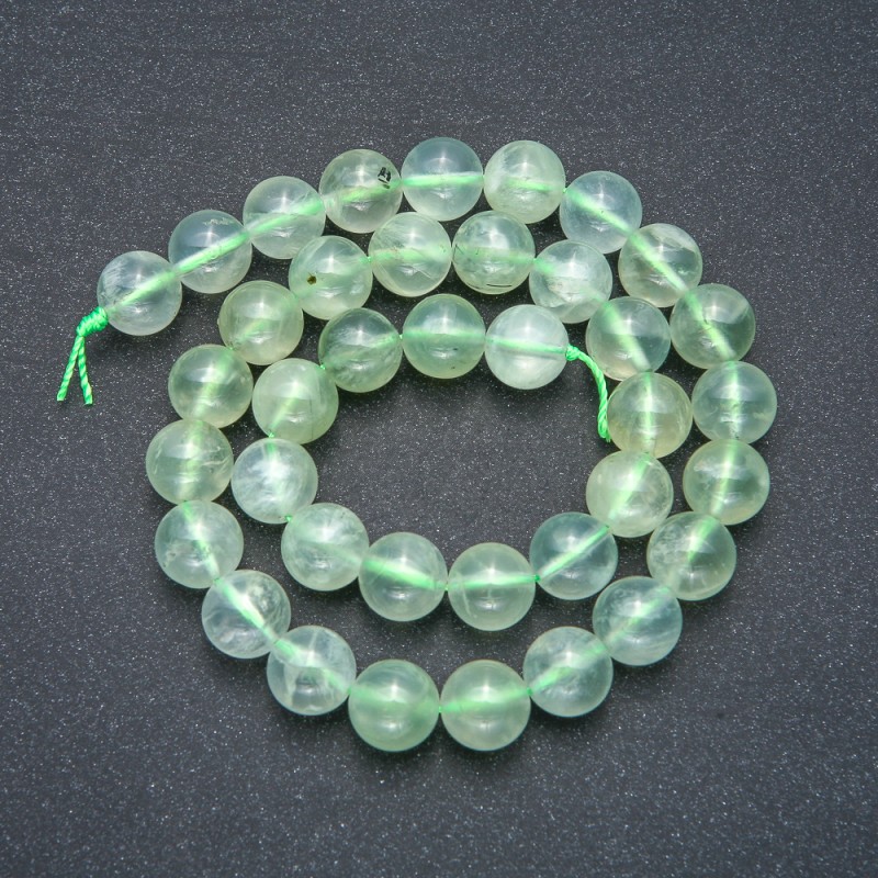 Beads on thread, natural stone Prehnite, smooth spheres, 10 mm diameter +/-, length 39 cm +