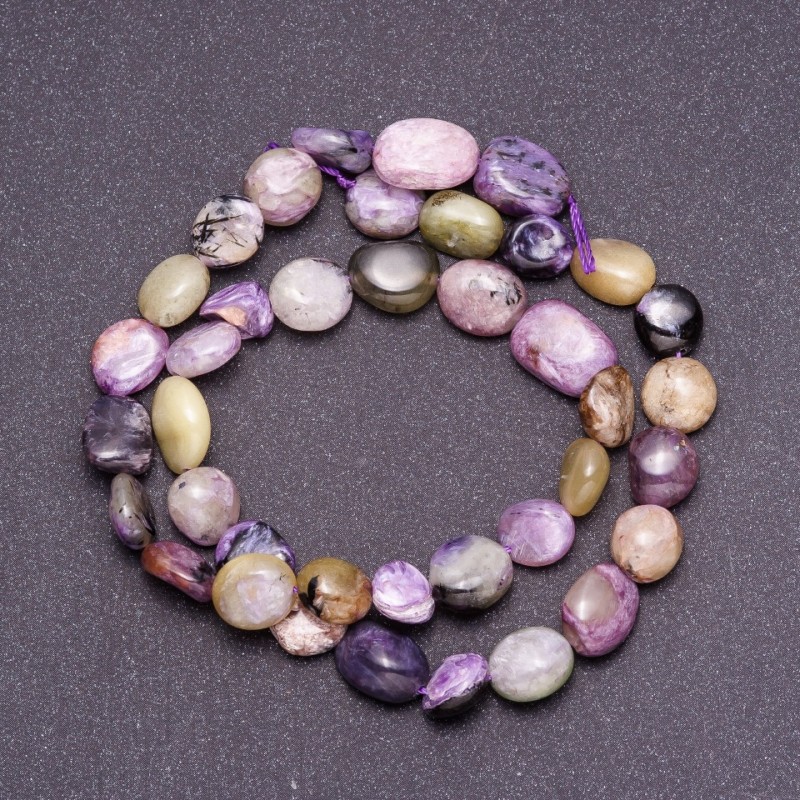 Charoite natural stone beads, coin-shaped 'Coin', 9mm diameter (+/-), thread length 39 cm