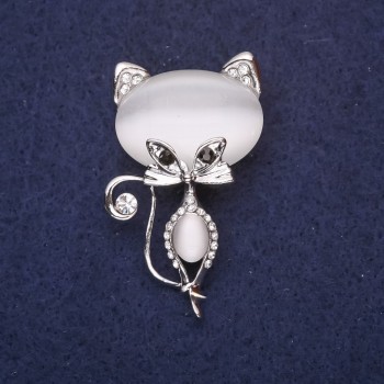 Brooch Kitty with Stone, White Cat's Eye, 45x26mm, Silver-Colored Metal