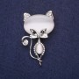 Brooch Kitty with Stone, White Cat's Eye, 45x26mm, Silver-Colored Metal