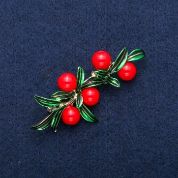 Brooch Twig with Red Beads, Enamel, Gold-Tone Metal 26×58mm