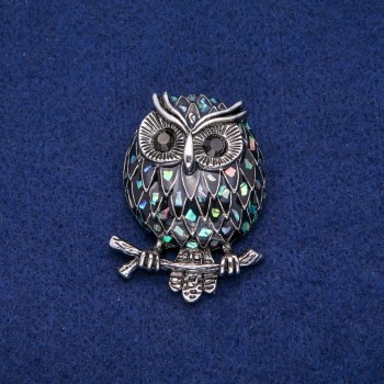 Brooch Owl with Halotite Mother-of-Pearl and Enamel, 36x48 mm, silvery metal
