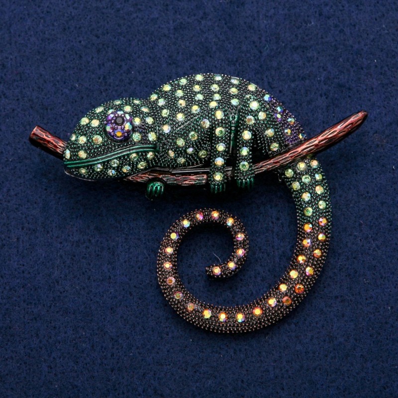 Chameleon Brooch with Enamel and Crystals, 60x77 mm, Silver-Toned Metal