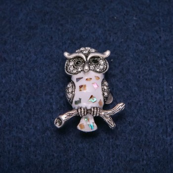 Owl Brooch with Abalone and Enamel, Silver-Tone Metal, 26x33 mm, with White Rhinestones